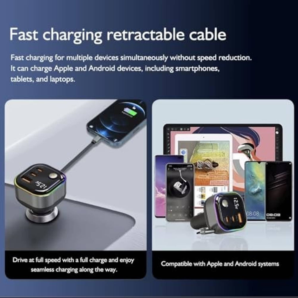 Retractable USB-C car charger with USB ports and cable for charging devices