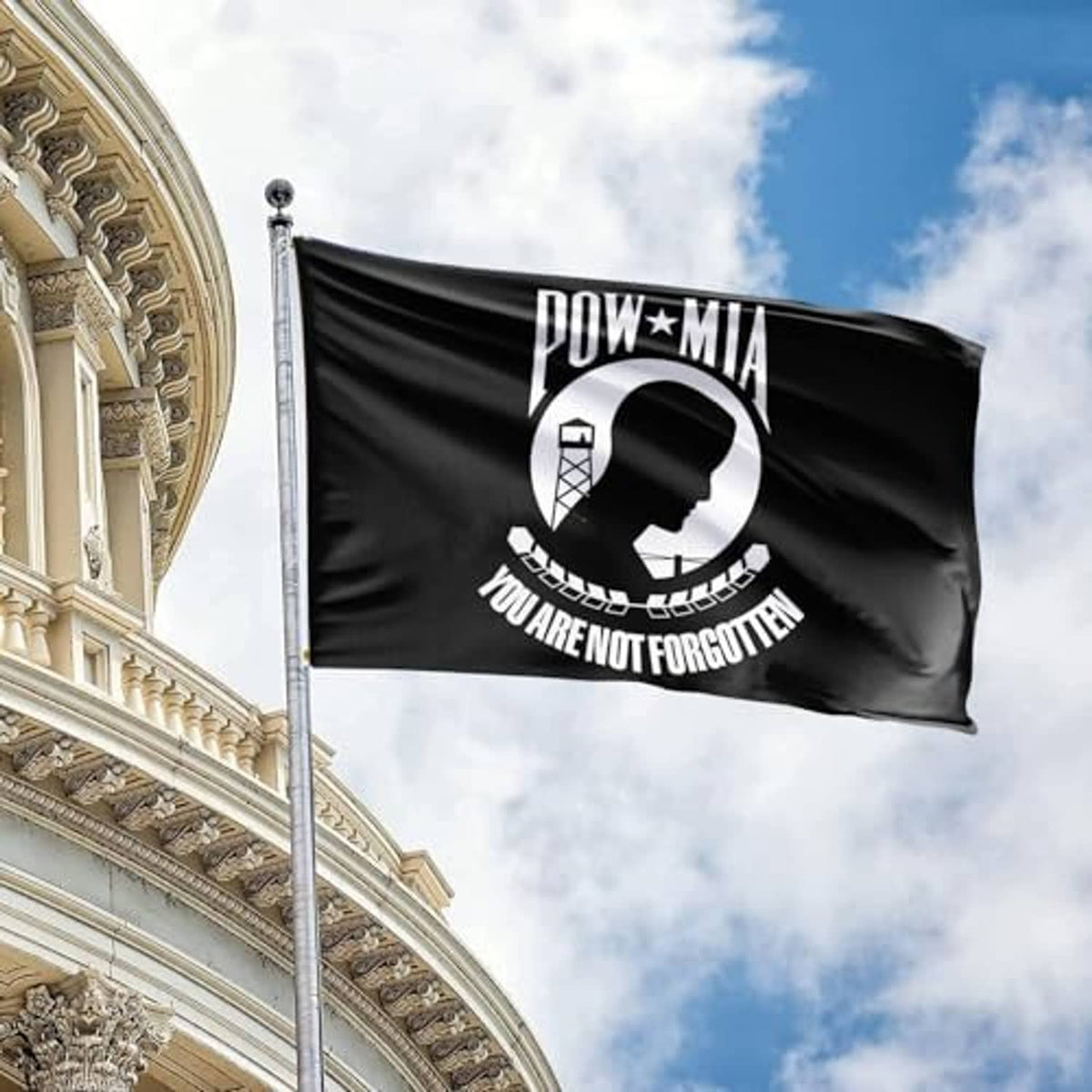 Black POW*MIA outdoor flag on pole with circular emblem and “You are not forgotten” text