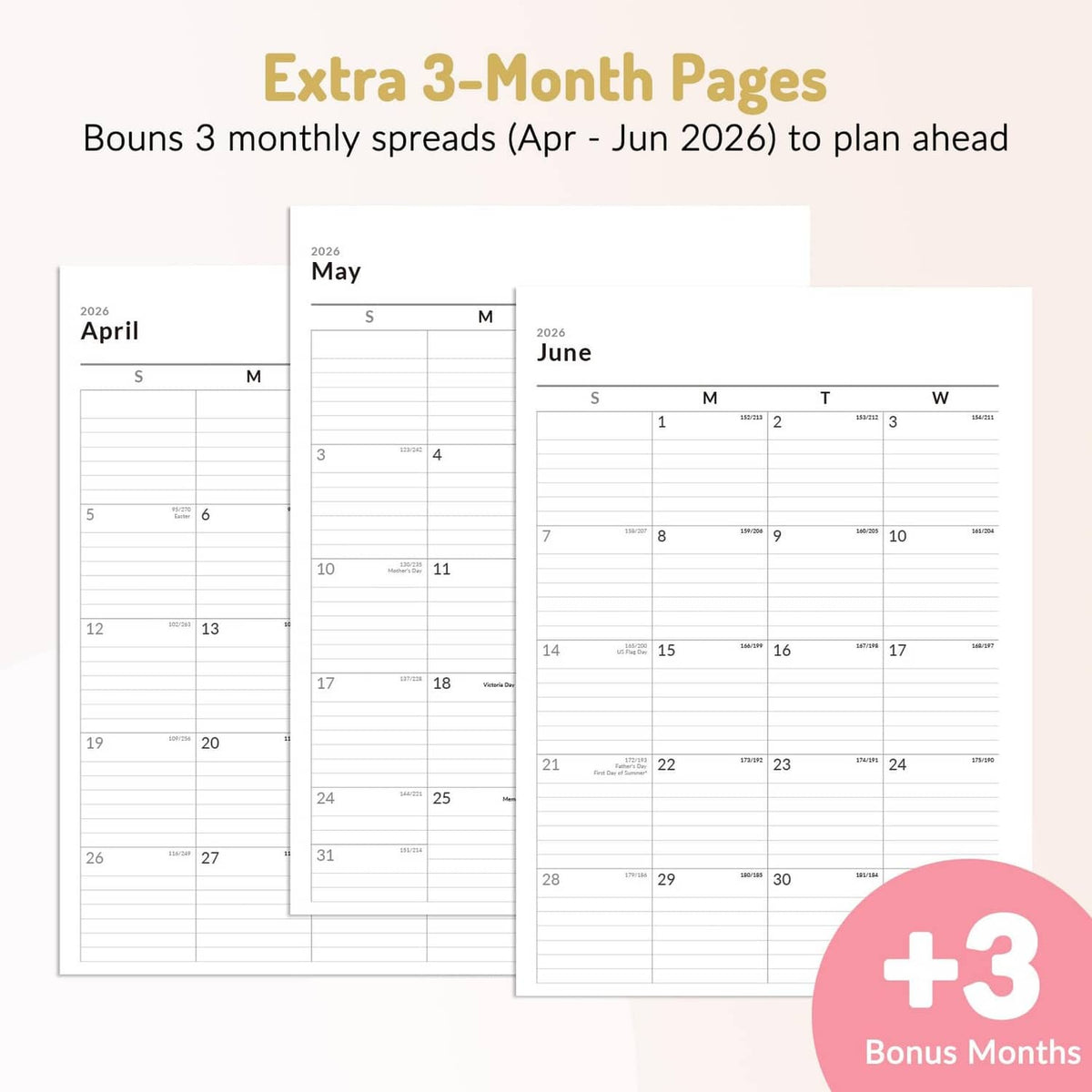 Planner with extra 3-month pages (April–June) shown as calendar grids