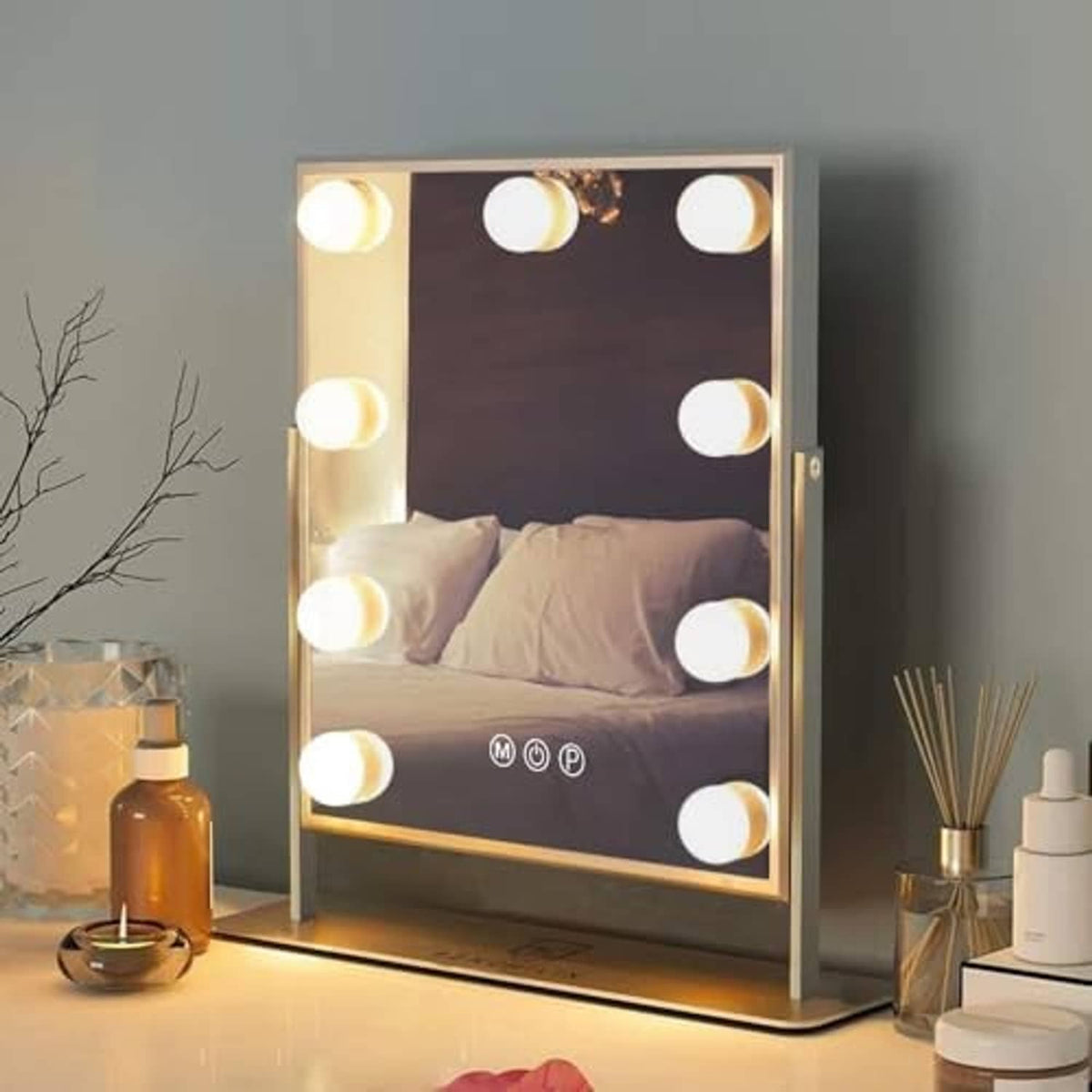 Hollywood style vanity mirror with LED bulbs, illuminated circular lights on frame