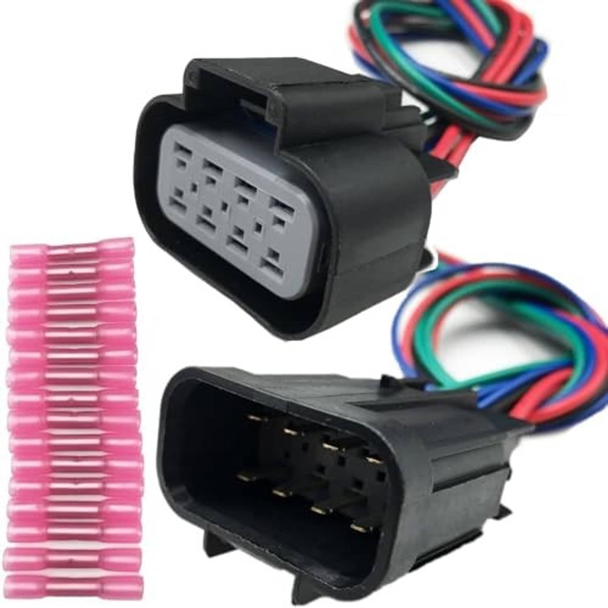 Two 8-pin wiring harness connectors with multicolor leads and black connector housings