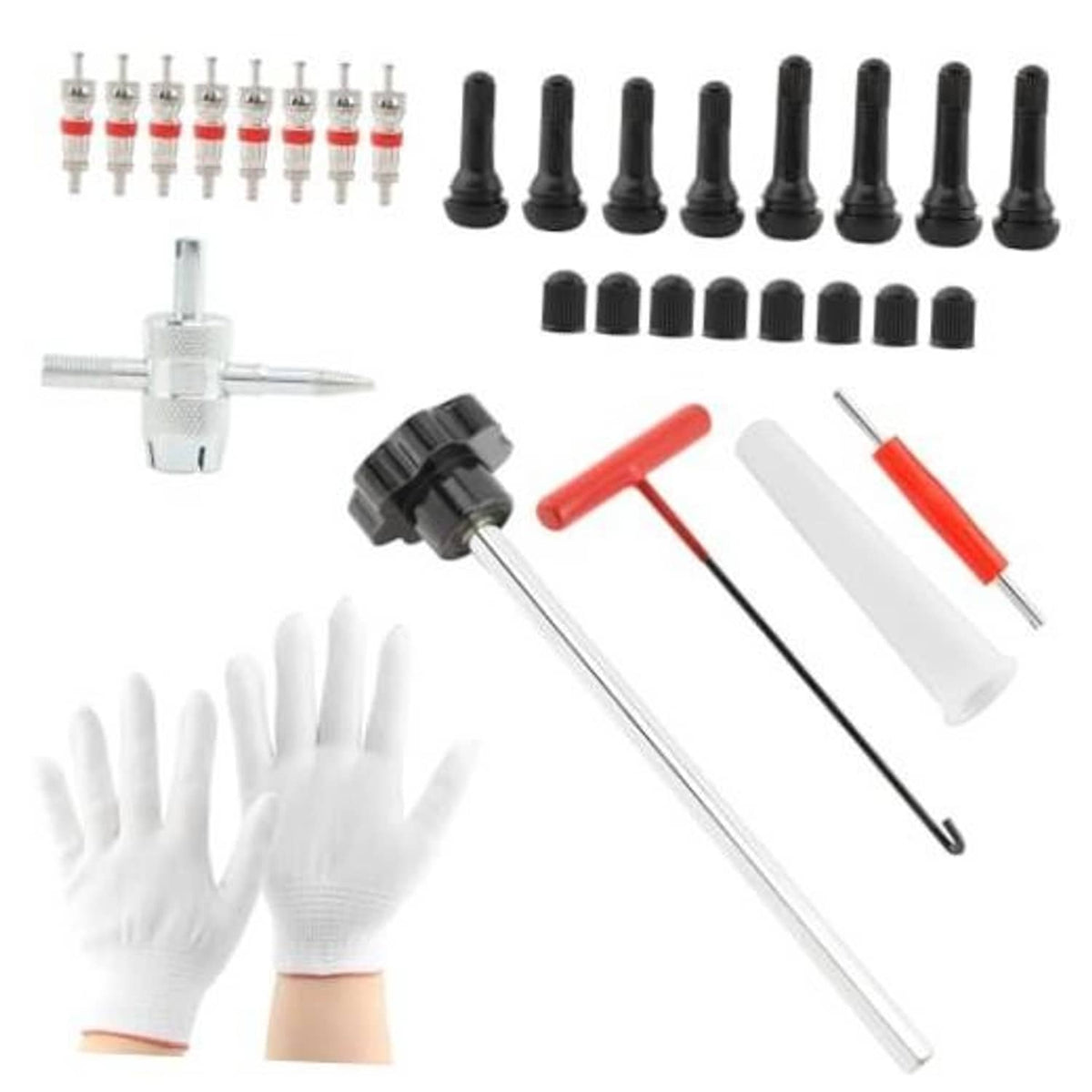Tire valve stem core replacement tool kit with T-handle, metal tool rods, spare caps