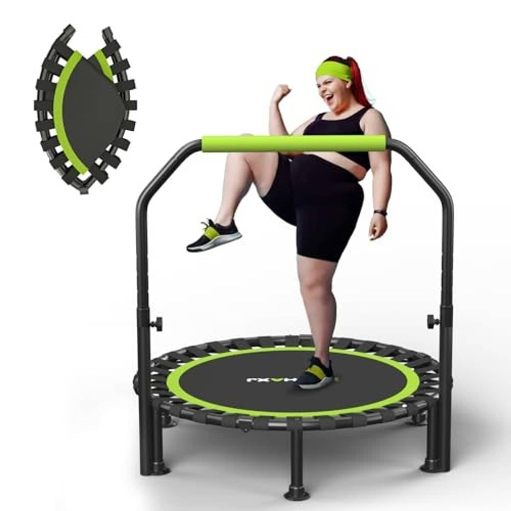 Foldable mini trampoline with black frame and green round mat, handlebar for steady bouncing