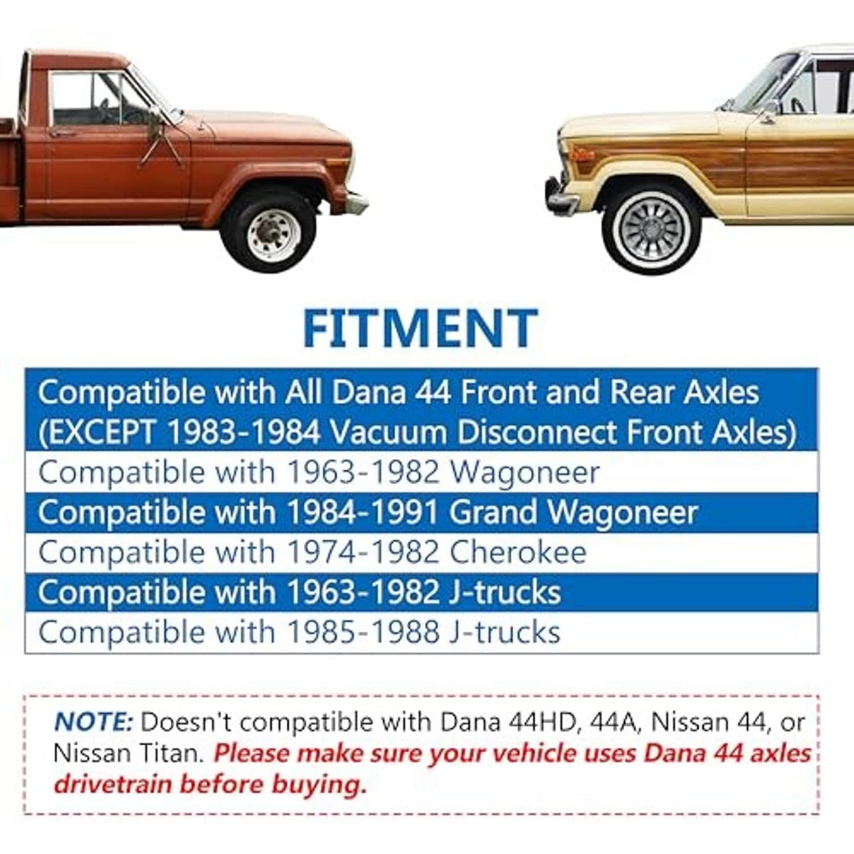 Differential cover gasket with compatibility chart graphic for Dana 44 axles