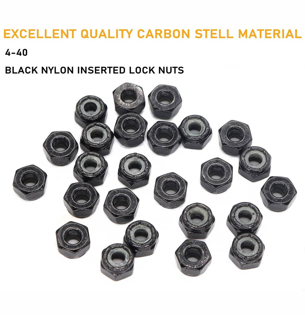 Black nylon insert lock nuts, multiple pieces arranged for size and finish