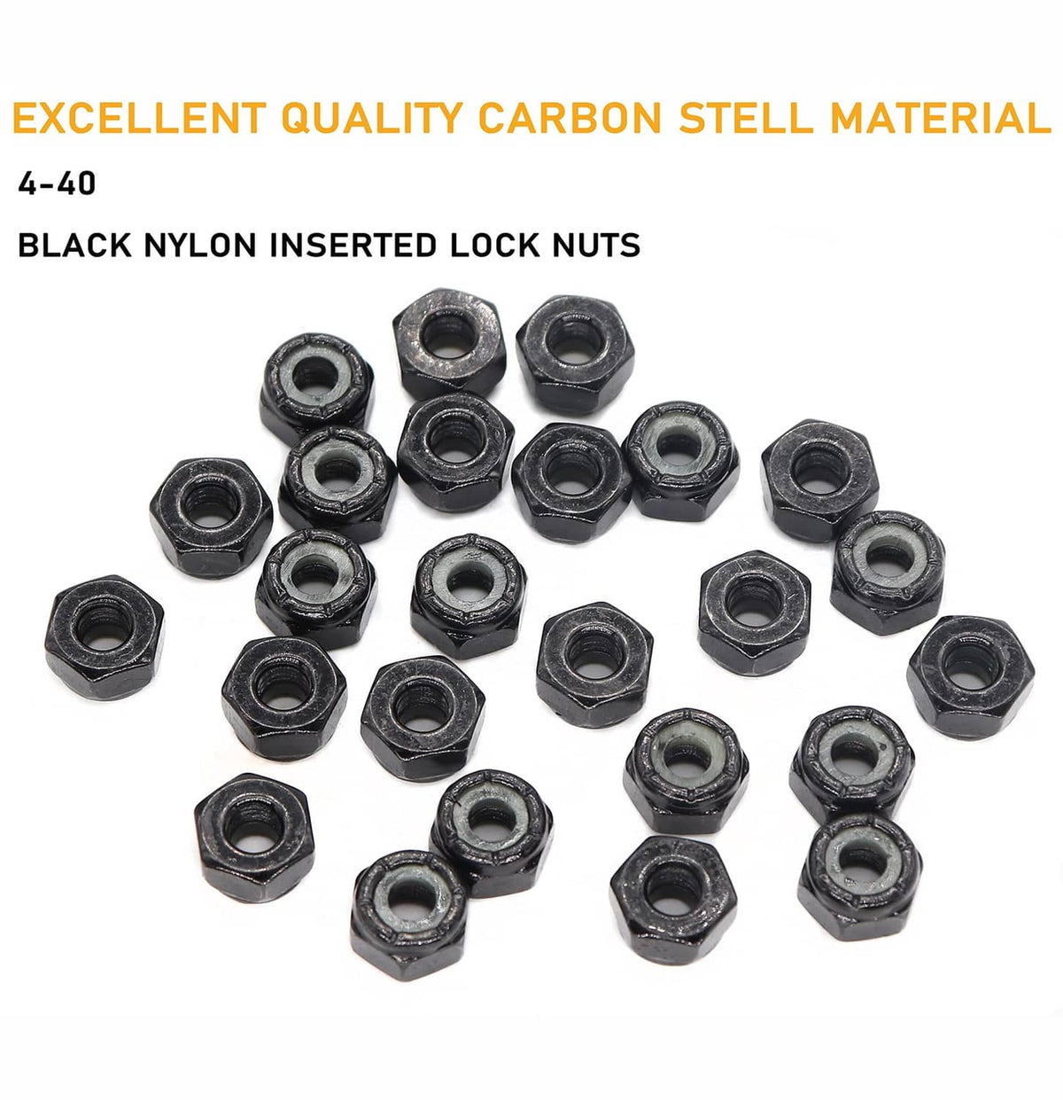 Black nylon insert lock nuts, multiple pieces arranged for size and finish