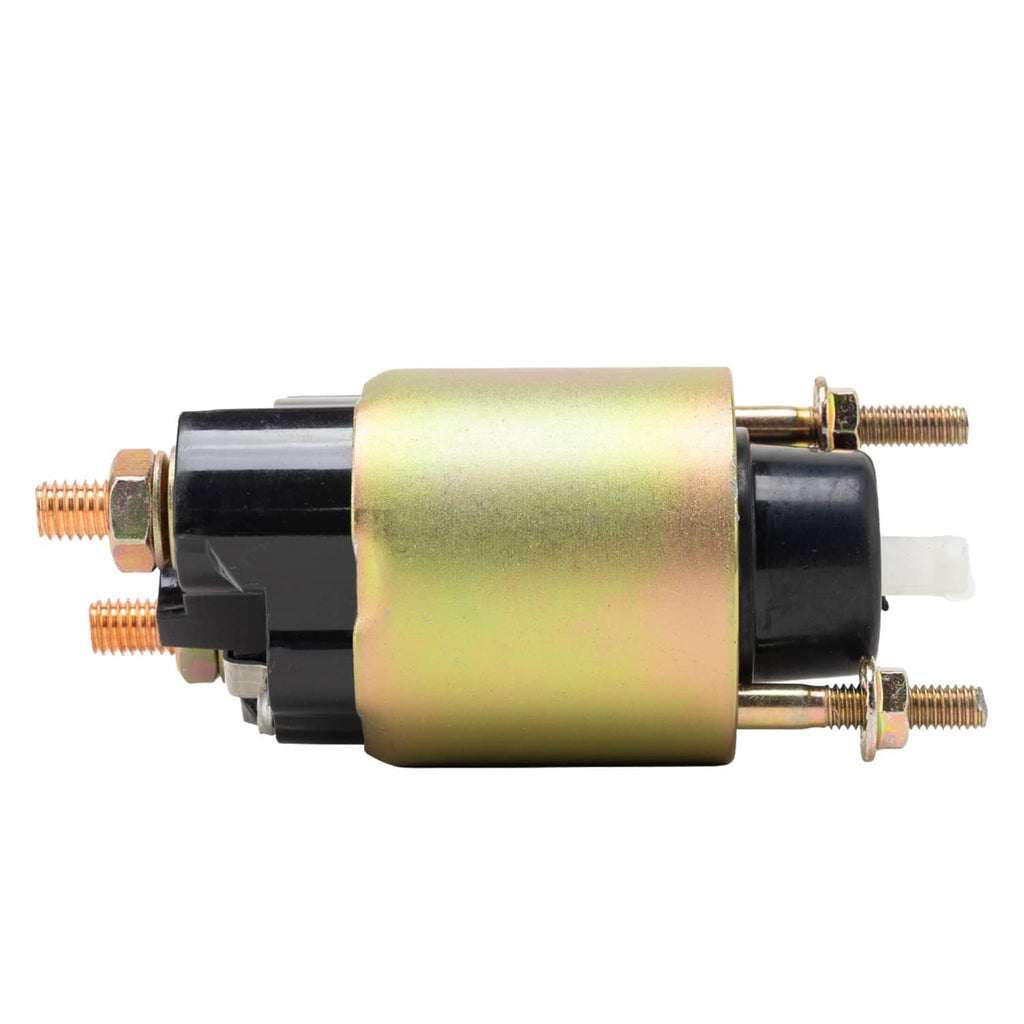 12V starter solenoid front view with yellow-green can and copper power posts