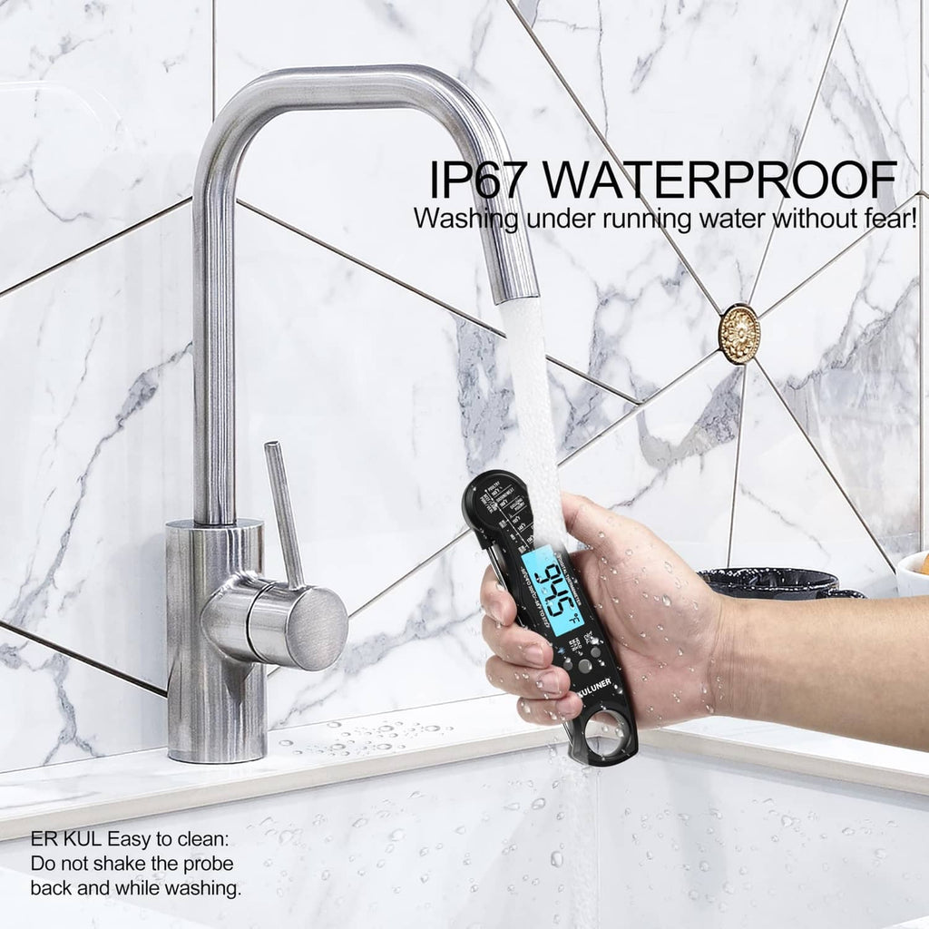 Waterproof instant read thermometer with IP67 rating, hand-held near running sink water.