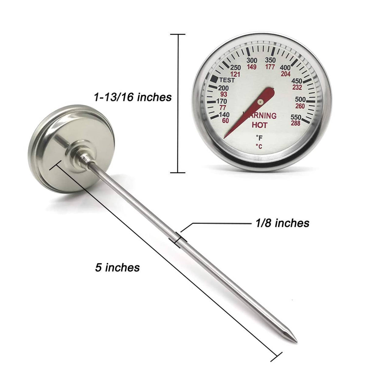Grill thermometer with 5-inch probe, 1-13/16 inch face, 1/8 inch stem