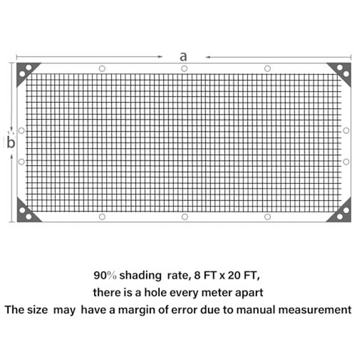 Black shade cloth mesh tarp size diagram with grommet hole positions