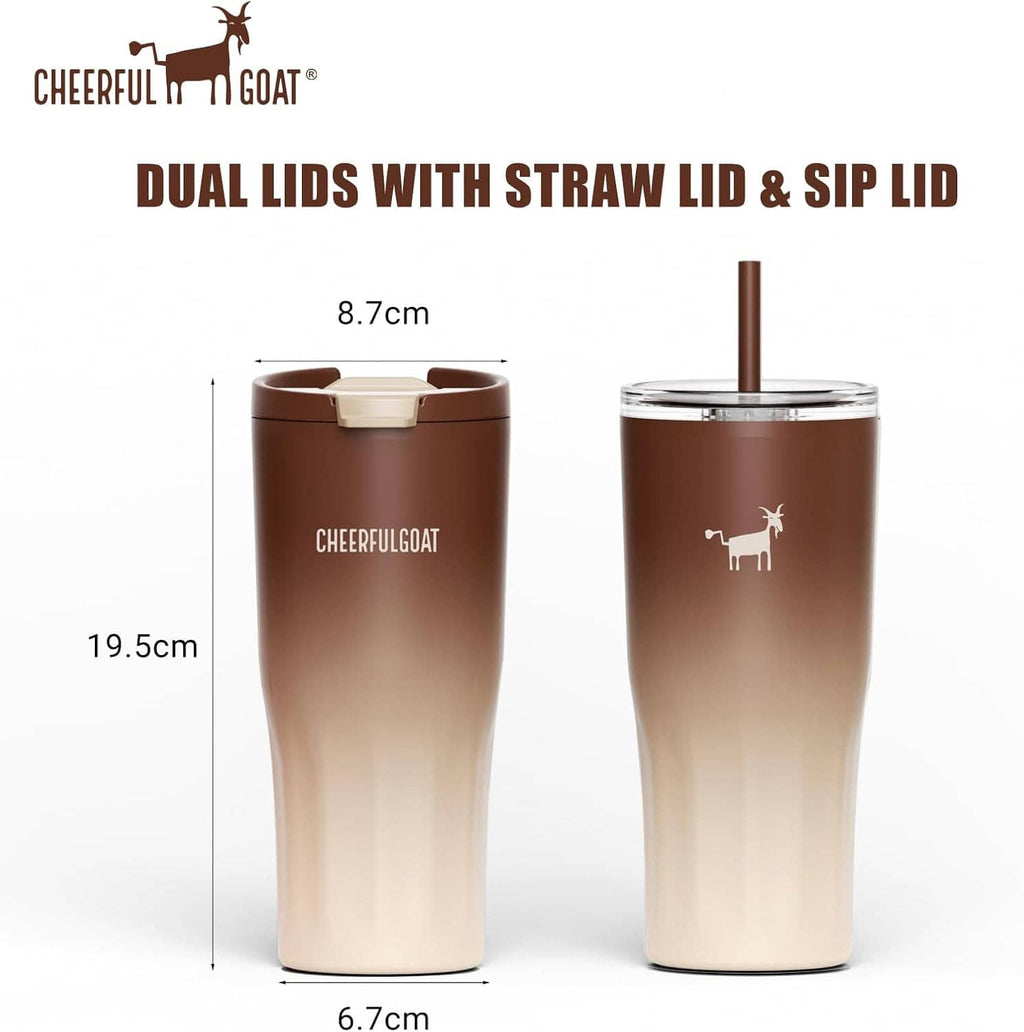 Two-lid coffee travel tumbler shown open, with straw lid and sip lid on top.