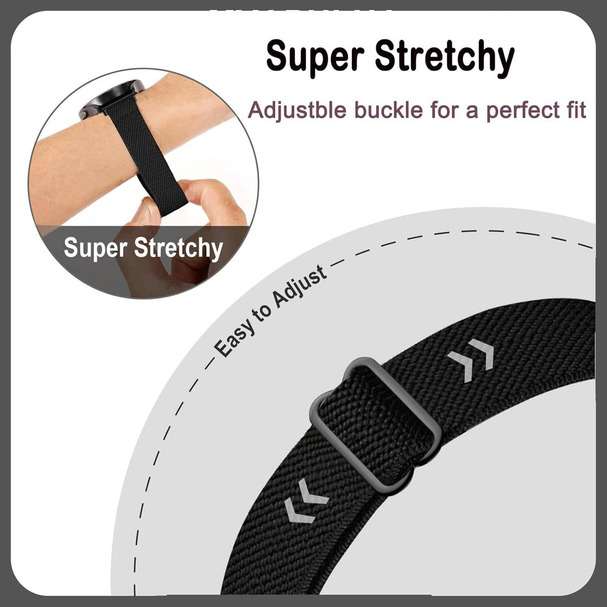 Black woven watch band with adjustable clasp and size arrows on the strap