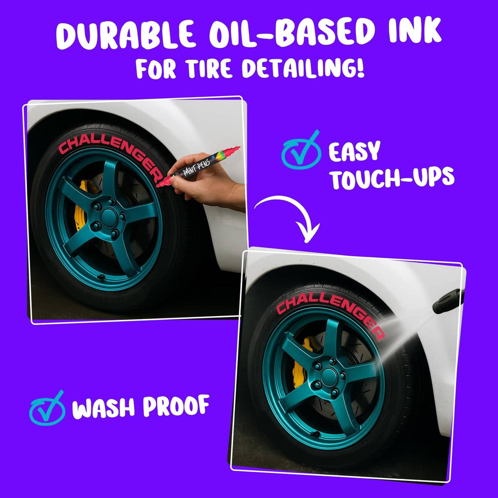 Oil-based paint marker detailing a tire wheel with a hand-applied design.
