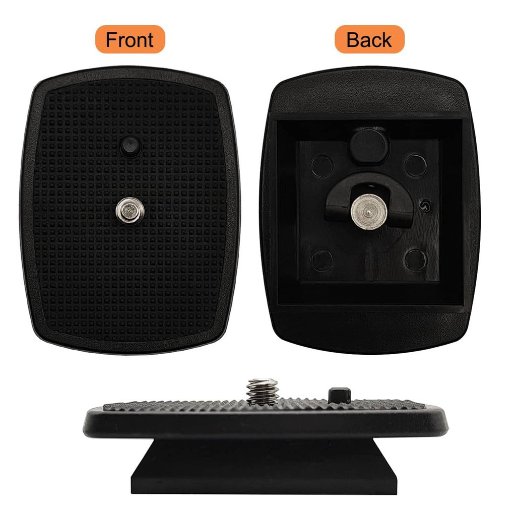 Black tripod quick release plate front and back with 1/4 mounting screw and pins