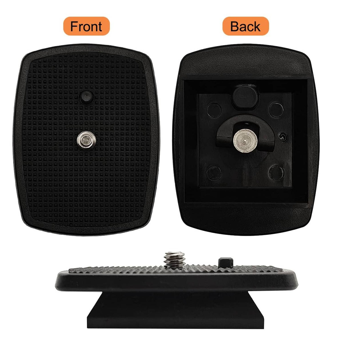Black tripod quick release plate front and back with 1/4 mounting screw and pins