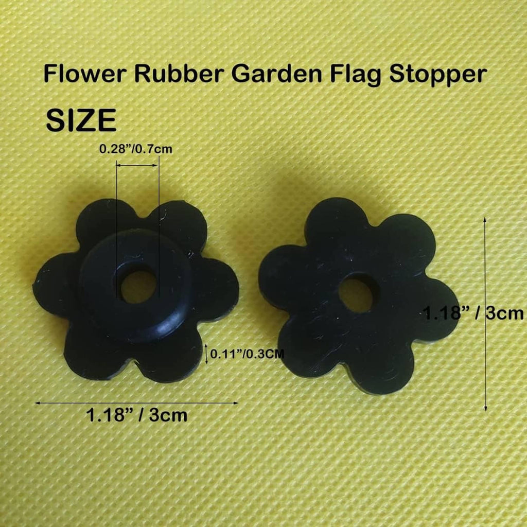 Flower-shaped black rubber garden flag stoppers with center hole, two sizes shown