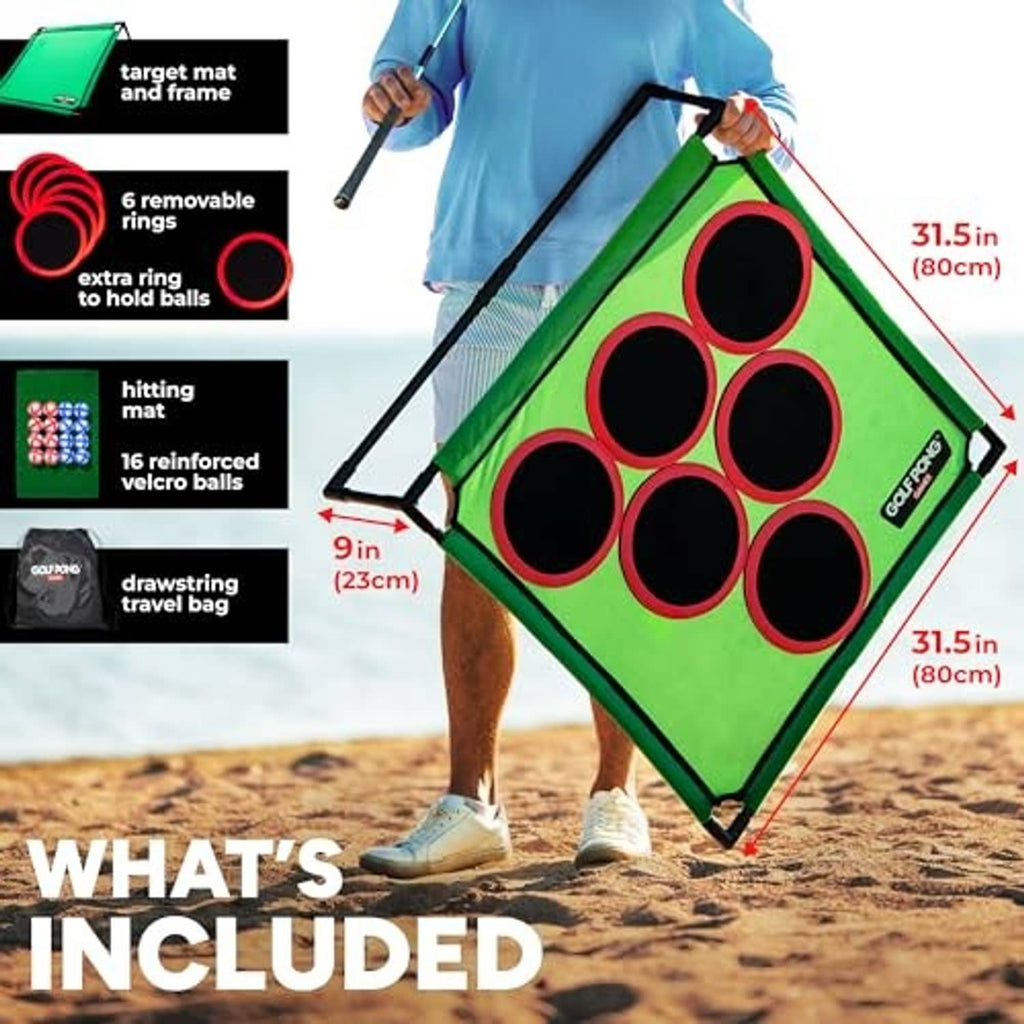 Green golf pong target mat with reinforced frame and velcro ring targets