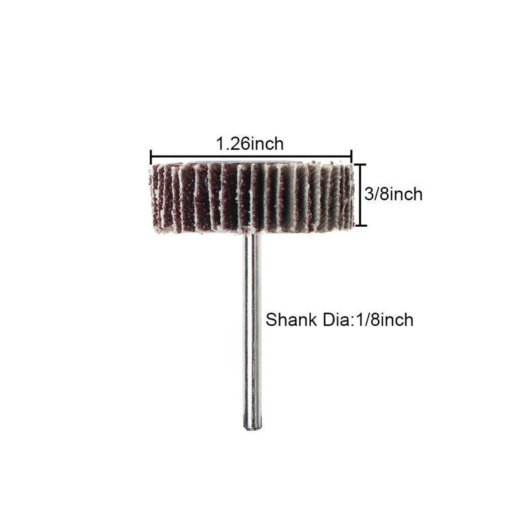 Flap sanding wheel: 1.26 in head, 3/8 in width, 1/8 in shank