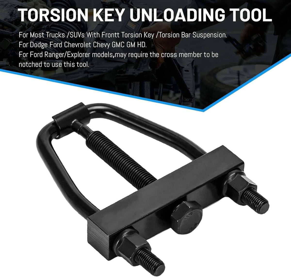 Black torsion key unloader tool with U-shaped frame and bolt heads