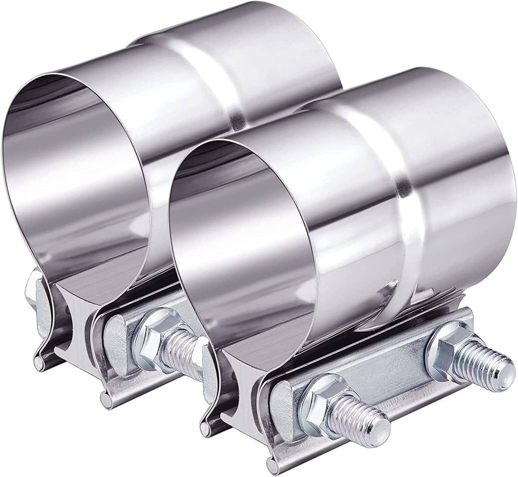 Pair of stainless steel 3-inch lap joint exhaust clamps with threaded bolts