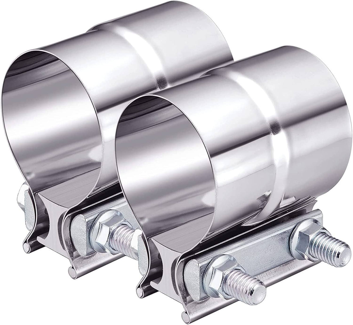 Pair of stainless steel 3-inch lap joint exhaust clamps with threaded bolts