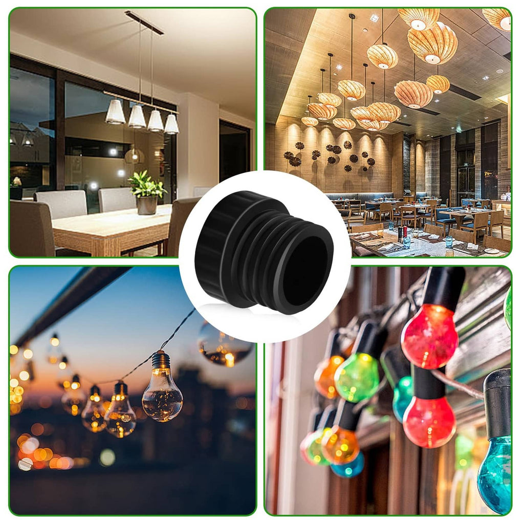Black ribbed socket cover cap for standard lamp sockets on hanging string lights