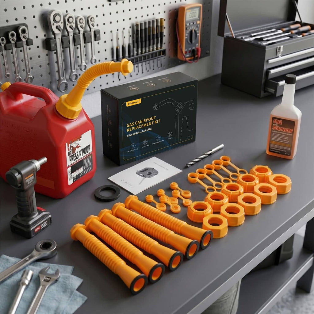 Gas can spout replacement kit with yellow nozzles, caps, and tools on workbench