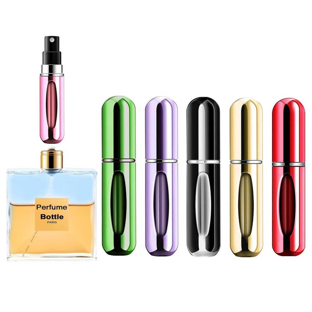 Set of mini perfume atomizer bottles in purple, green, black, gold, red and silver