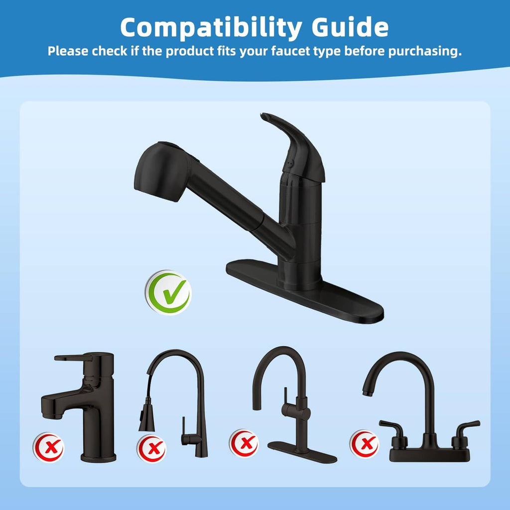 Matte black pull-out sink sprayer head replacement shown for faucet compatibility check