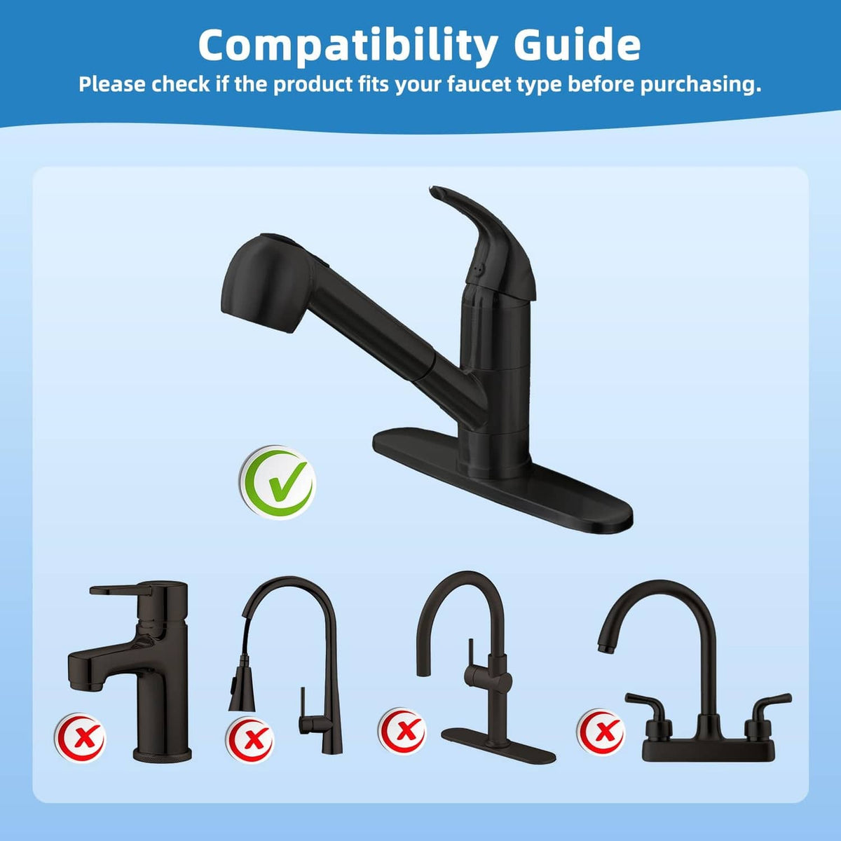 Matte black pull-out sink sprayer head replacement shown for faucet compatibility check