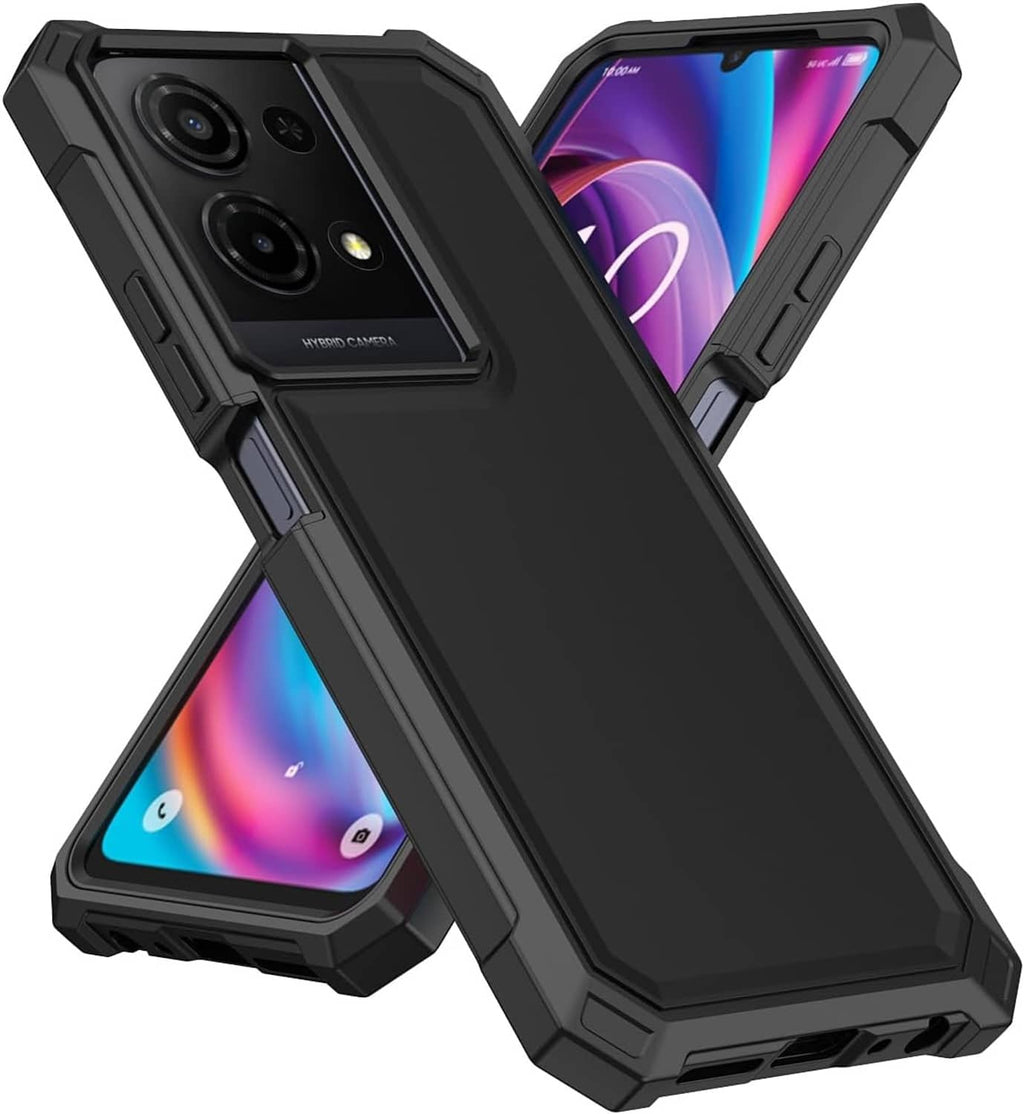 Black rugged phone case at angle, front tempered screen protector and camera cutouts