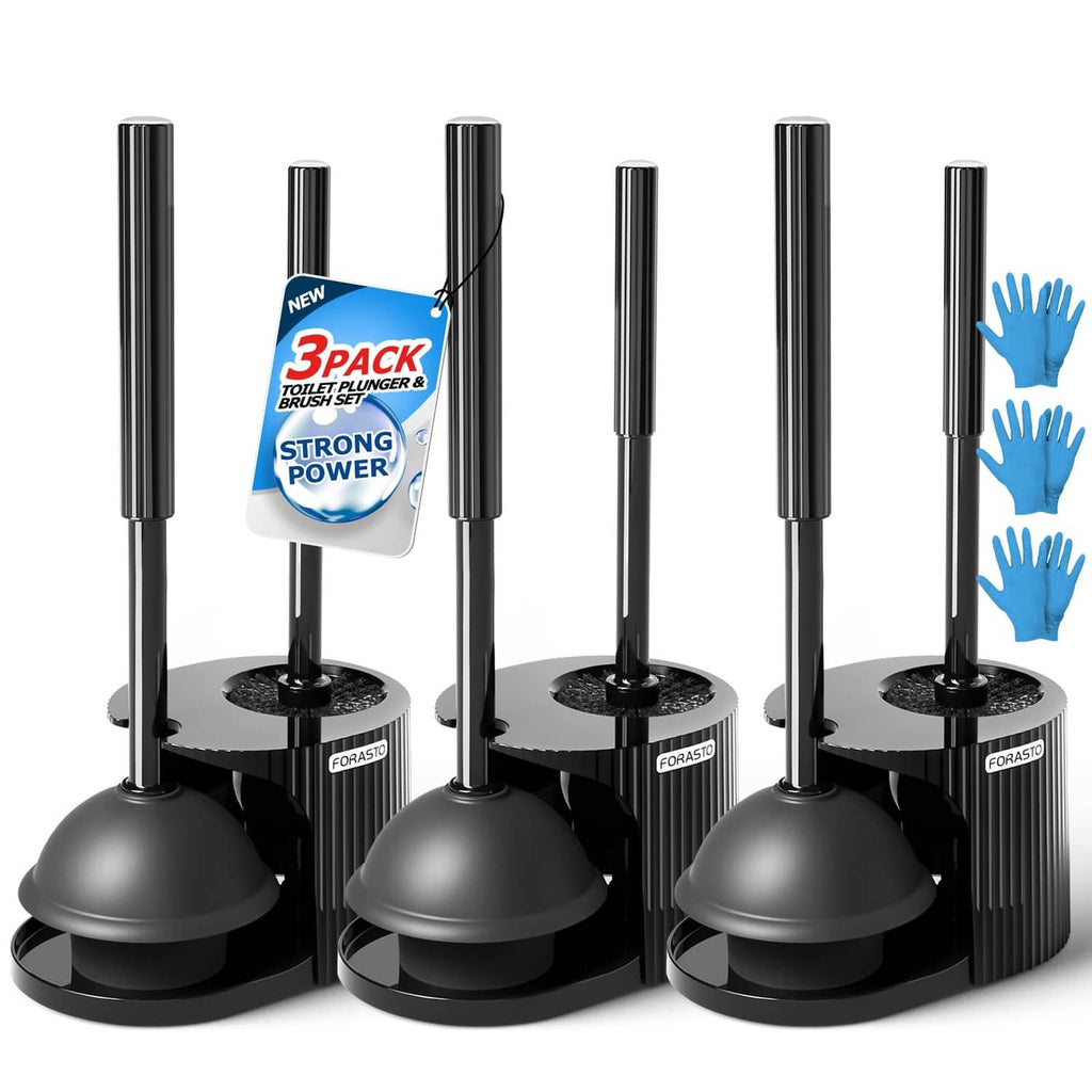 Black 2-in-1 toilet brush and plunger set, three-pack with three extended handles