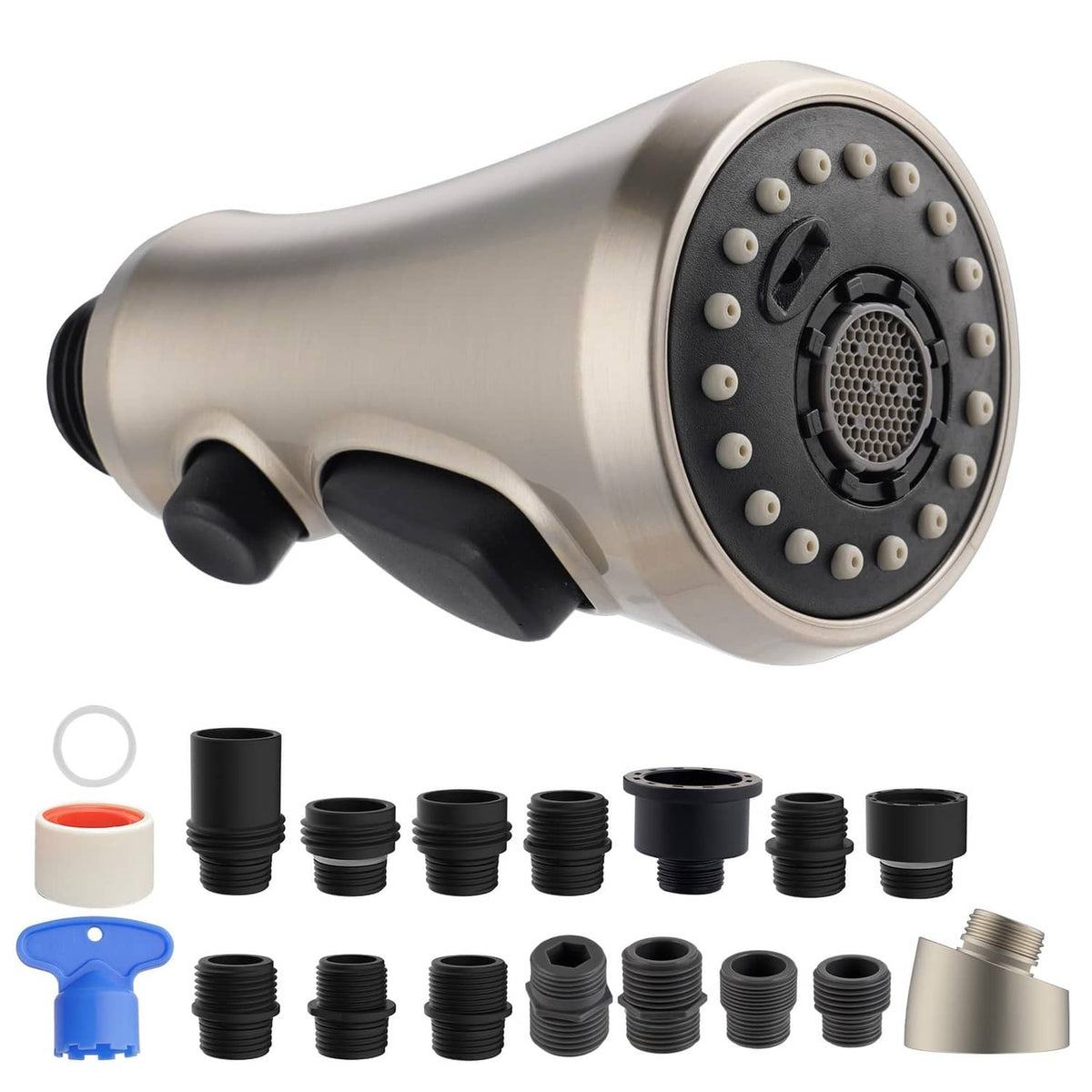 Brushed nickel pull-down kitchen faucet sprayer head with round spray face and side buttons