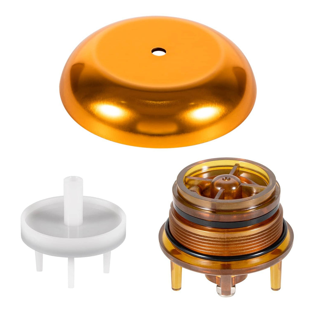 Golden-orange bonnet cap with white seal insert and bronze valve base assembly