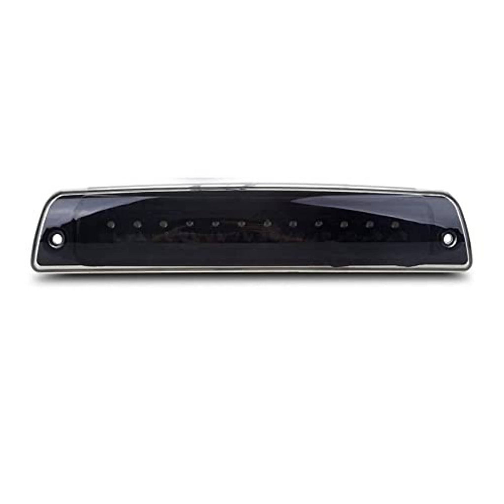 LED 3rd brake light bar with smoke lens and black housing, straight front view, side screws