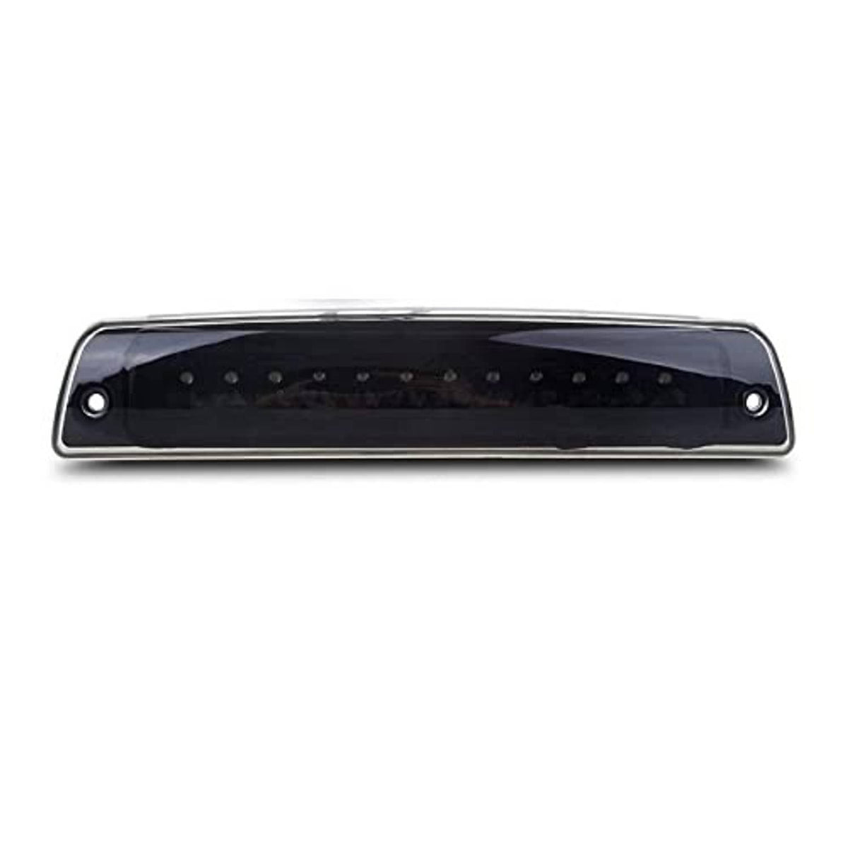 LED 3rd brake light bar with smoke lens and black housing, straight front view, side screws