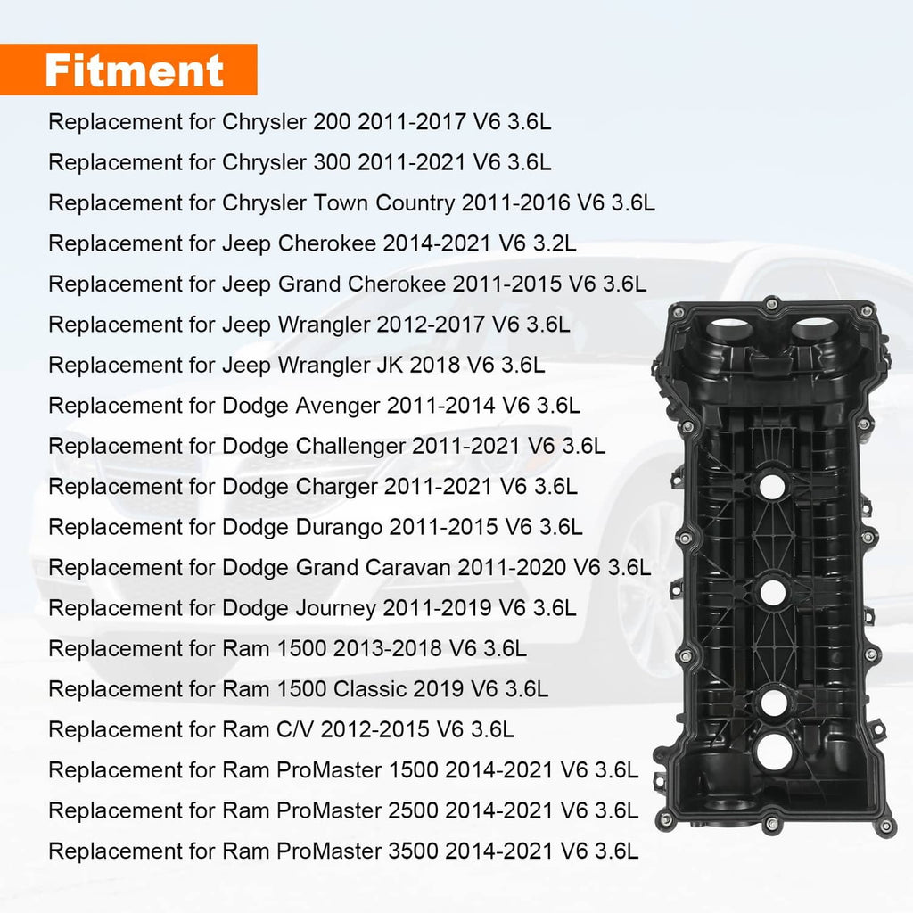 Black valve cover housing with circular openings and mounting bolt tabs