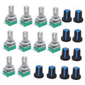 Rotary potentiometer set with metal shafts, green PCB mounts, and blue knob caps