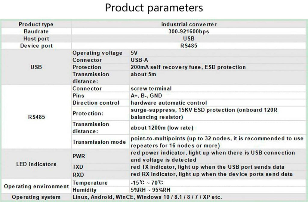 USB to RS485 adapter product parameters specification table with device specs