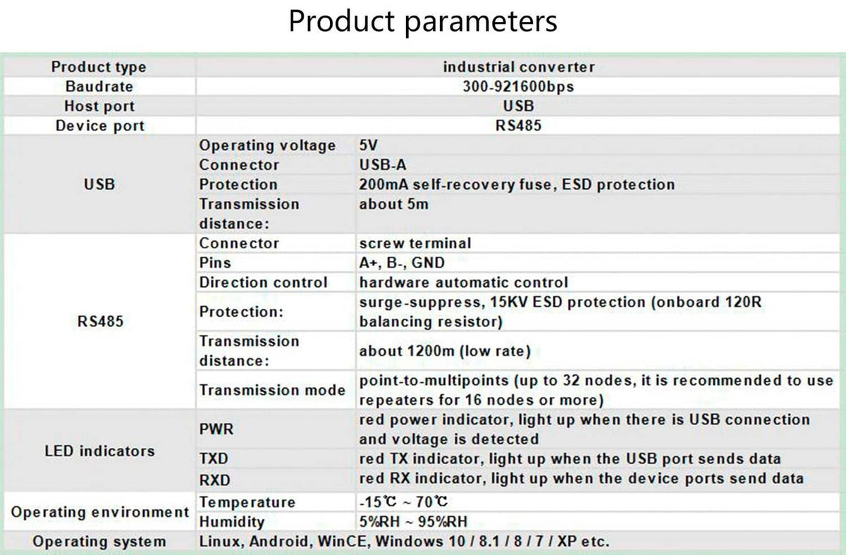 USB to RS485 adapter product parameters specification table with device specs