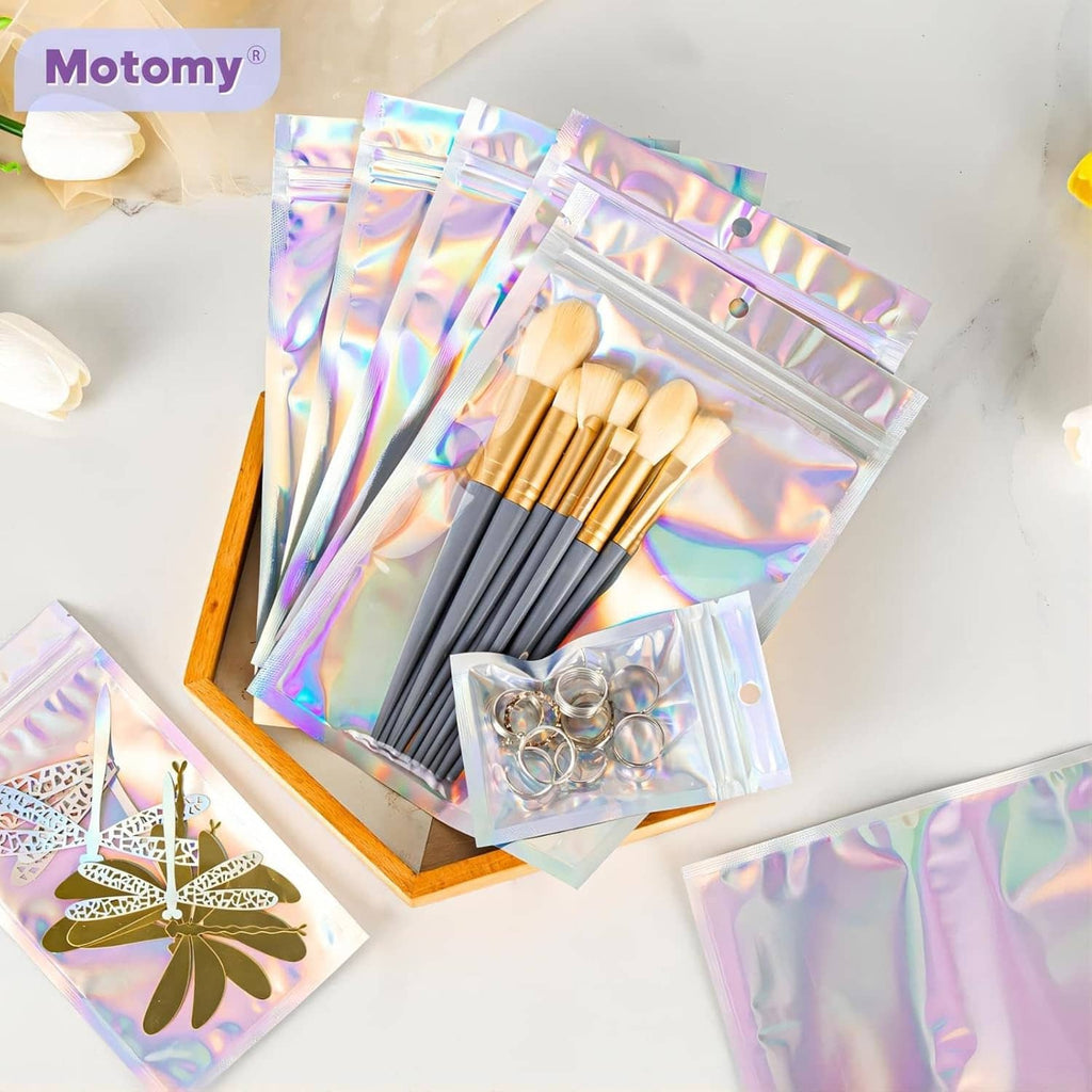 Motomy holographic resealable foil pouch set with beauty tools inside