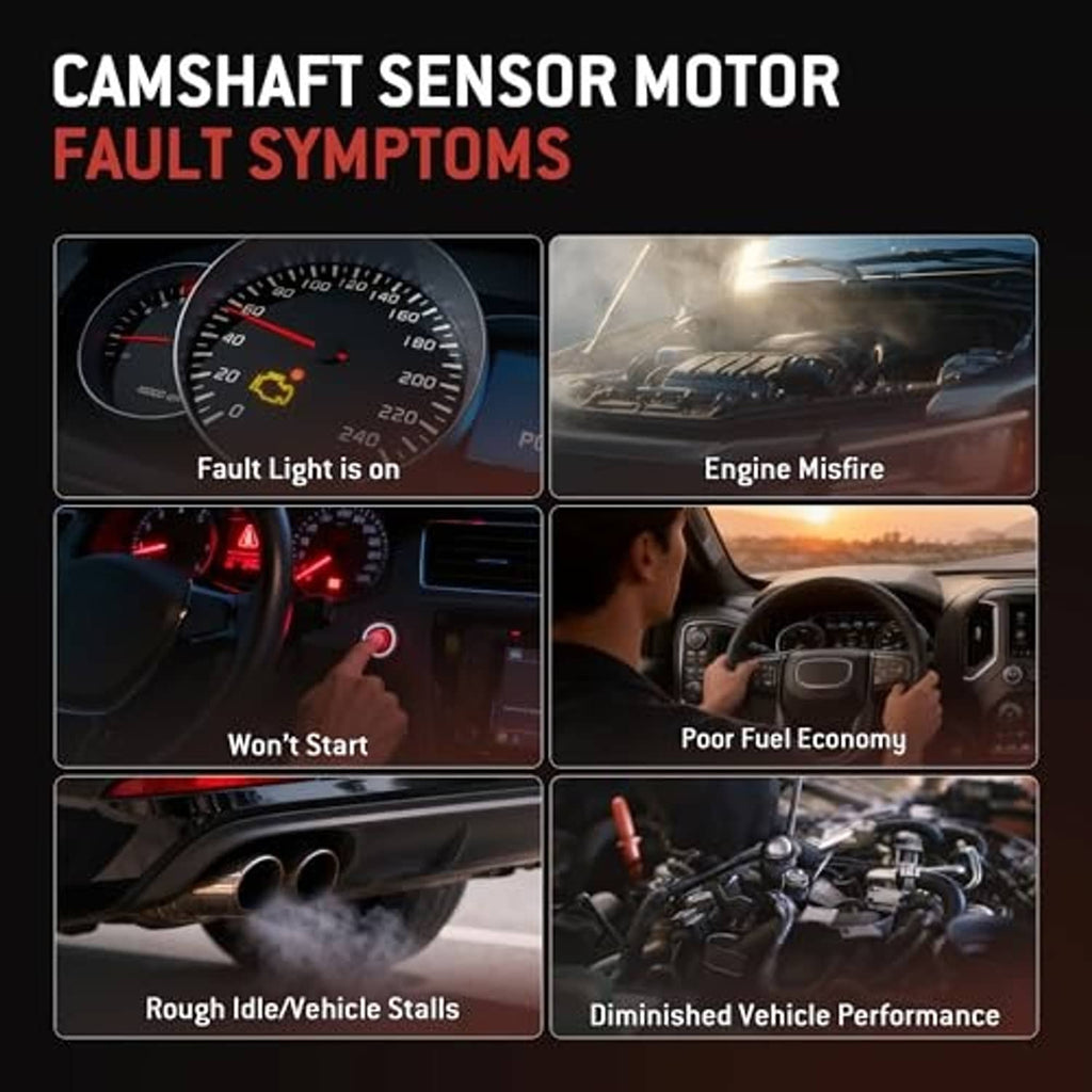 Camshaft sensor fault symptoms graphic with dashboard and engine warning icons