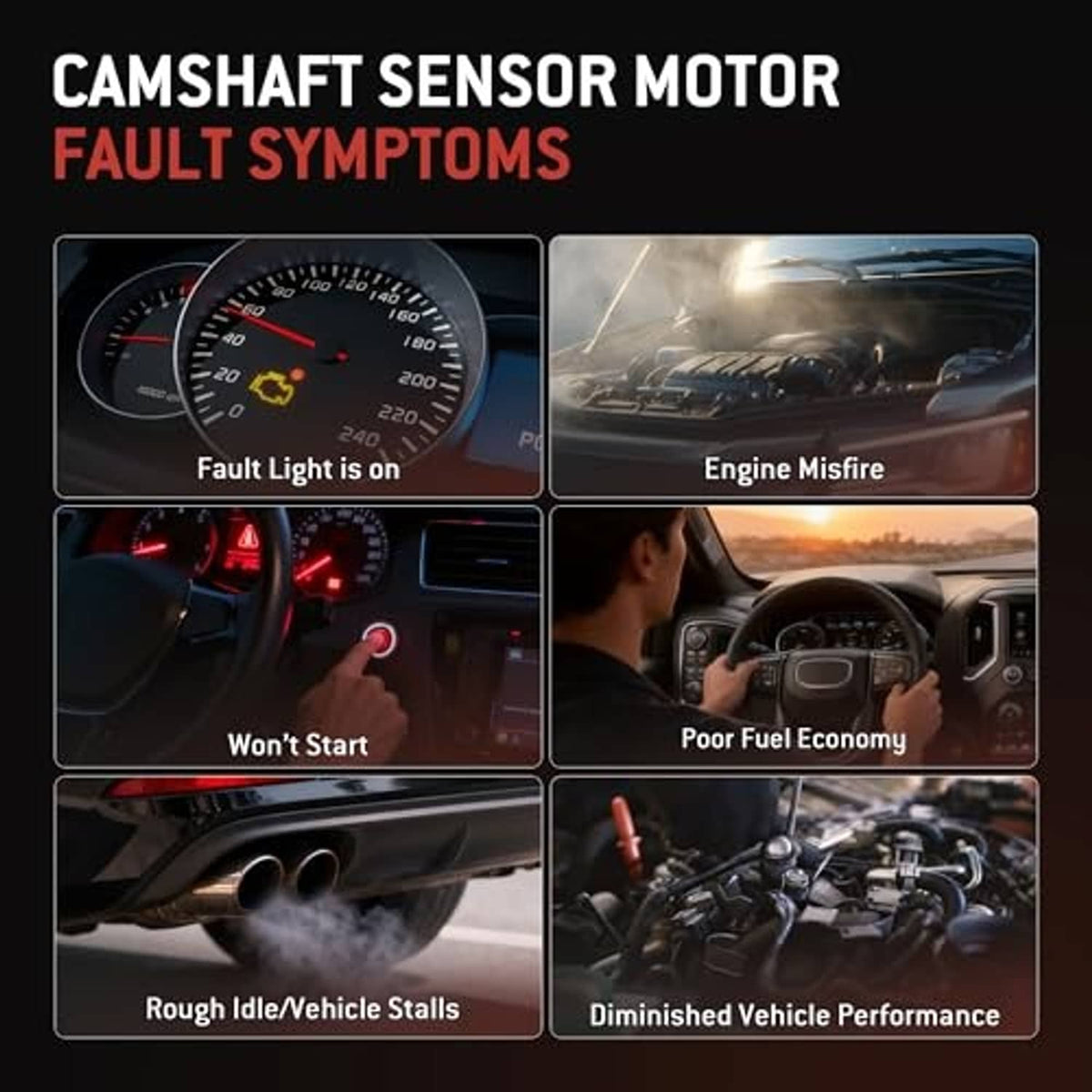 Camshaft sensor fault symptoms graphic with dashboard and engine warning icons