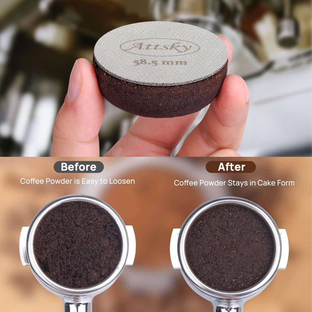 Round stainless espresso puck screen, fine mesh face, 58.5 mm, held by hands