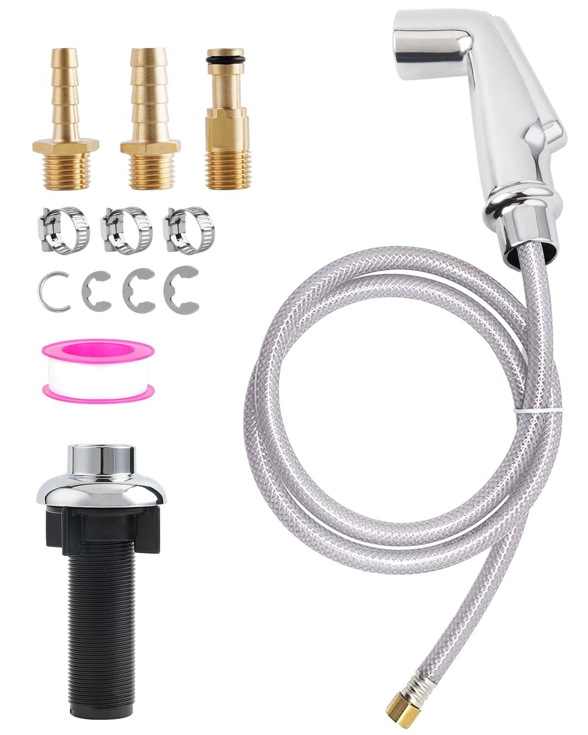 Chrome kitchen sink side sprayer head with braided hose and brass adapters, set
