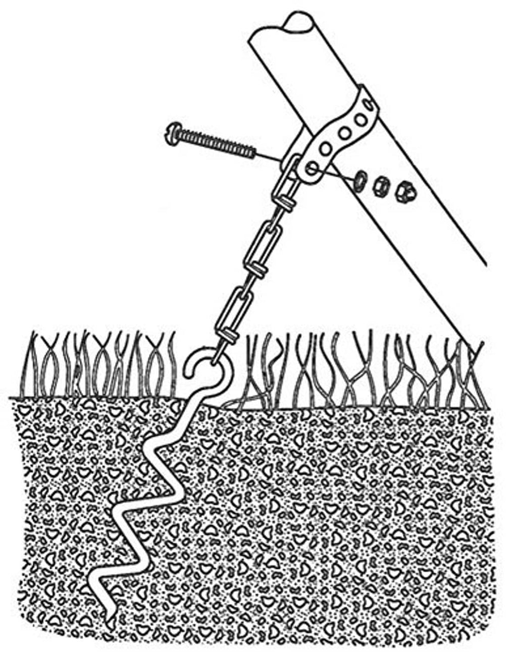 Illustrated corkscrew ground anchor setup with chain and stakes
