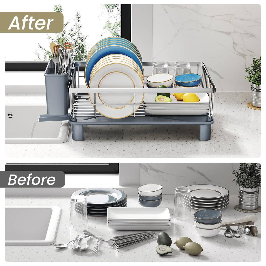 Dish drying rack on sink with stacked plates, bowls, and cups arranged