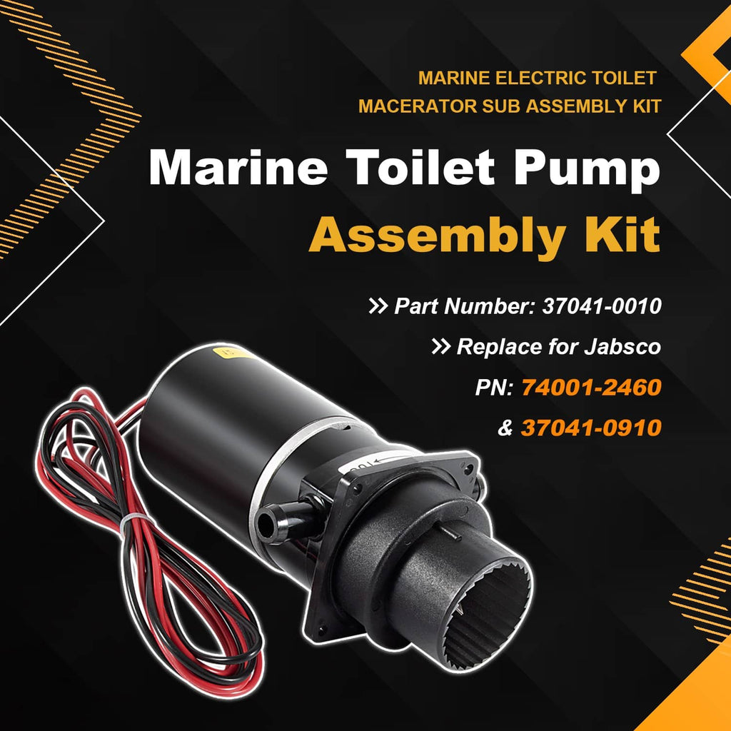 Toilet macerator pump assembly with cylindrical motor, wiring, and outlet collar
