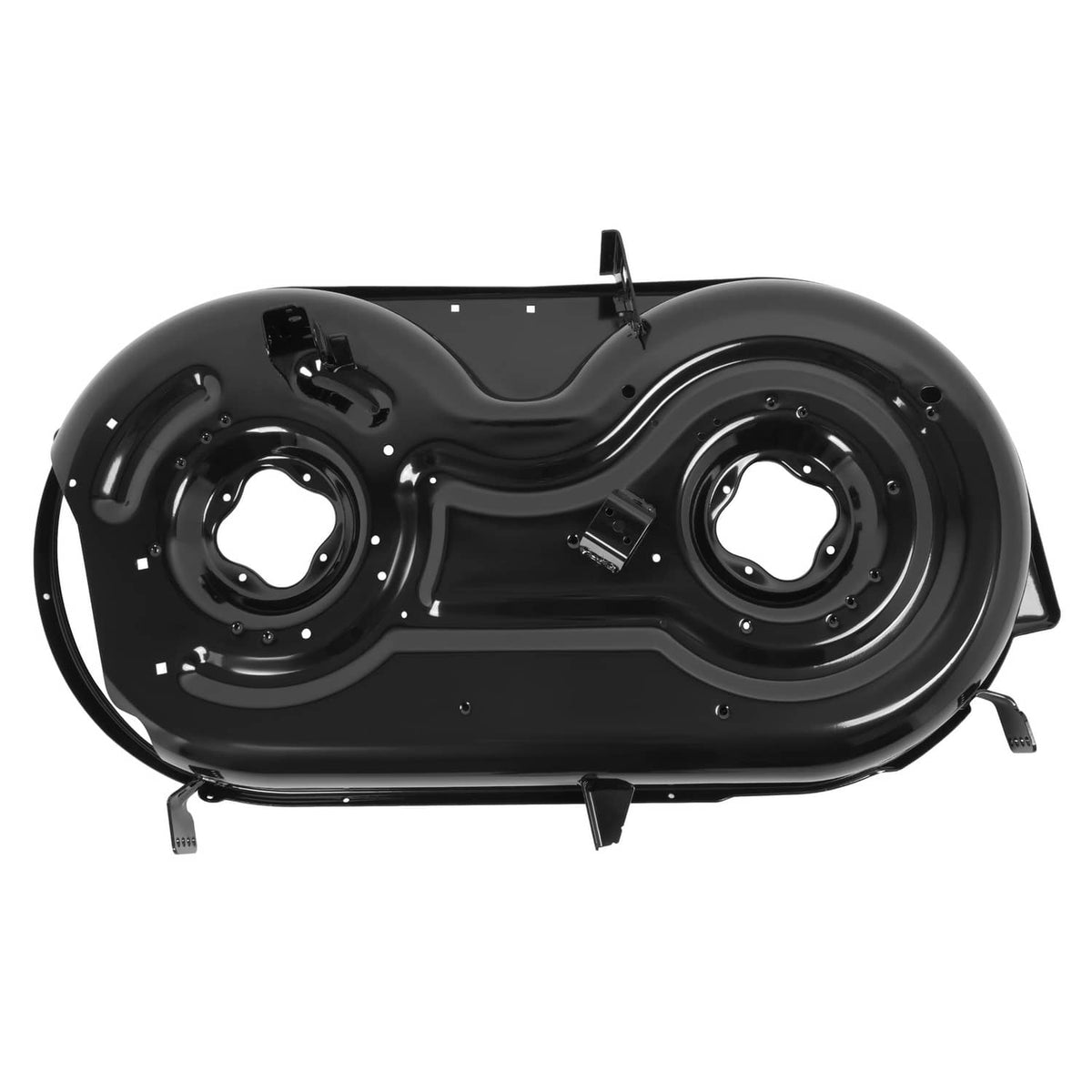 42" cutting deck assembly, black steel with two circular spindle housings and brackets