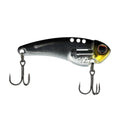 Blade bait fishing lure, black-silver body with yellow eye and two treble hooks